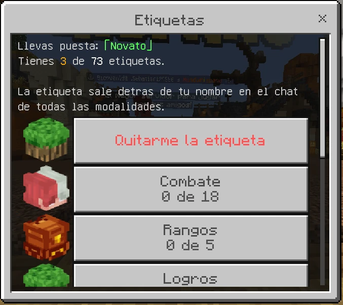 Menú de etiquetas en Bedrock, con la cabeza de cada categoría