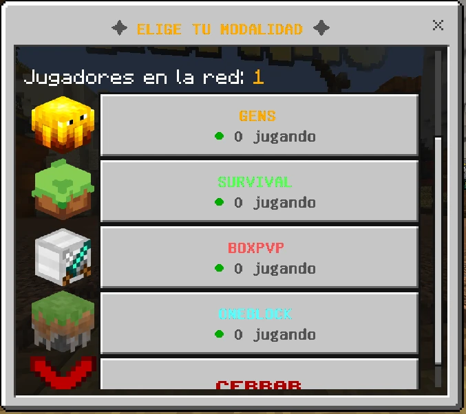 Selector de modalidades del lobby en Bedrock, con la cabeza de cada modalidad