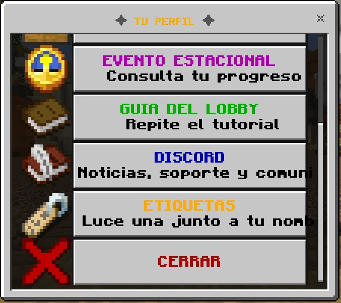 Perfil del lobby en Bedrock con el botón de Etiquetas