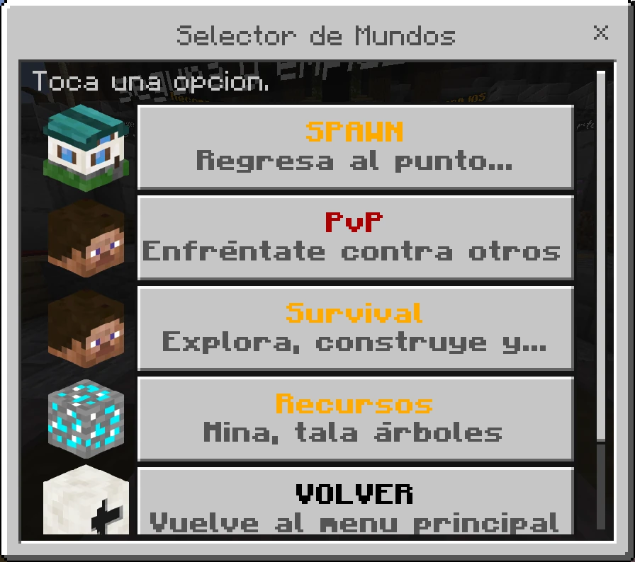 Selector de mundos de Survival con los colores naranjas de la network